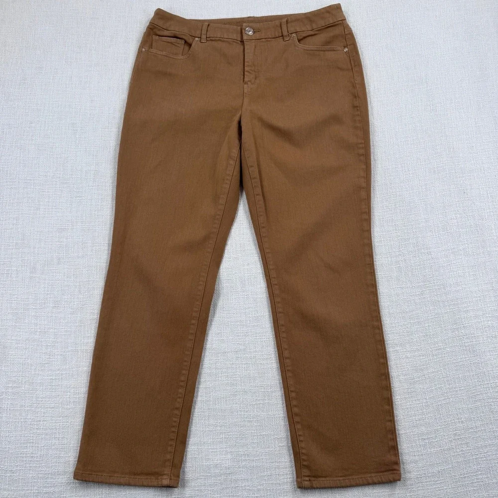 Chicos So Slimming Girlfriend Ankle Pants Brown Petite 1P‎ Cotton Blend Stretch